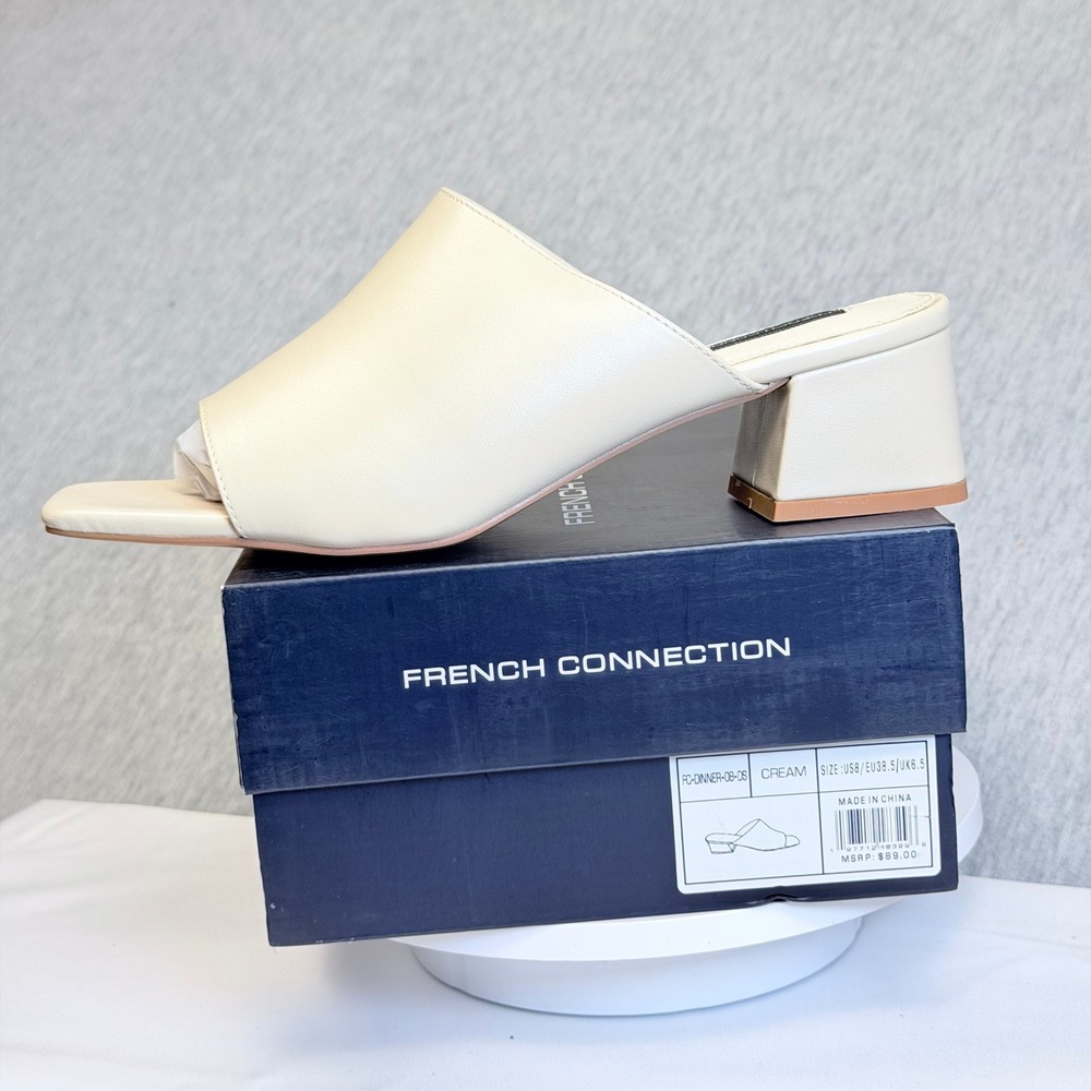 French Connection Dinner Cream Block Heel Square Toe Mules Sandals Size 8 NEW